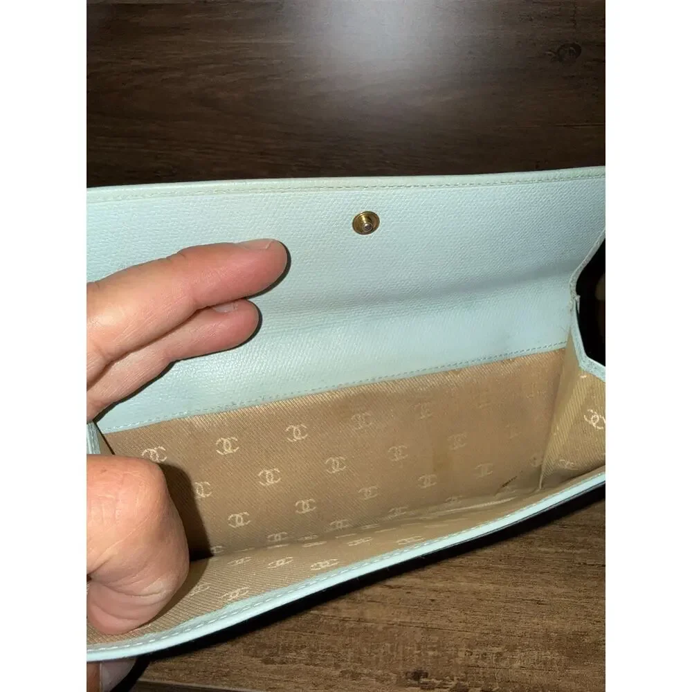 Rare Chanel Coco Button Continental Wallet Pastel Mint Tiffany Blue Caviar